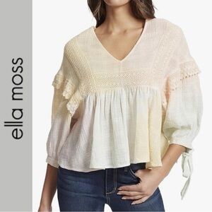 ELLA MOSS MICHAELA BLOUSE XL PASTEL TIE DYE BOHO GAUZE CROCHET LACE BABYDOLL TOP